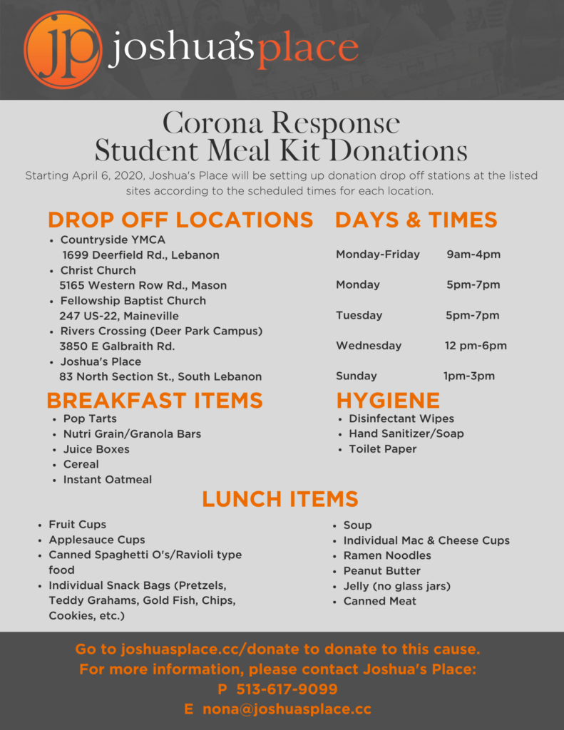 Joshua's Place Corona Response Student Meal Kits